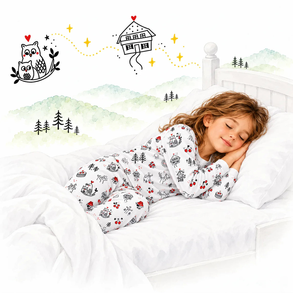 Kinderschlafanzug Schwarzwald weiß aus Jersey von Tante Ema – schlafendes Kind im weißen Bett, im Traum Schwarzwaldmotive wie Eulen, Tannen und Haus