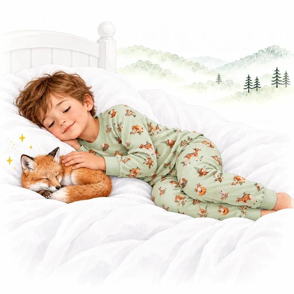 Junge im grünen Schlafanzug mit Waldtier-Muster schläft im Bett neben einem schlummernden Fuchs