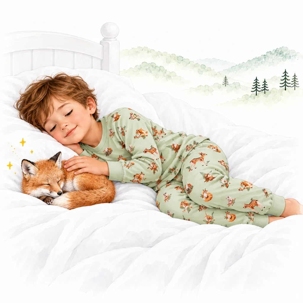 Junge im grünen Schlafanzug mit Waldtier-Muster schläft im Bett neben einem schlummernden Fuchs