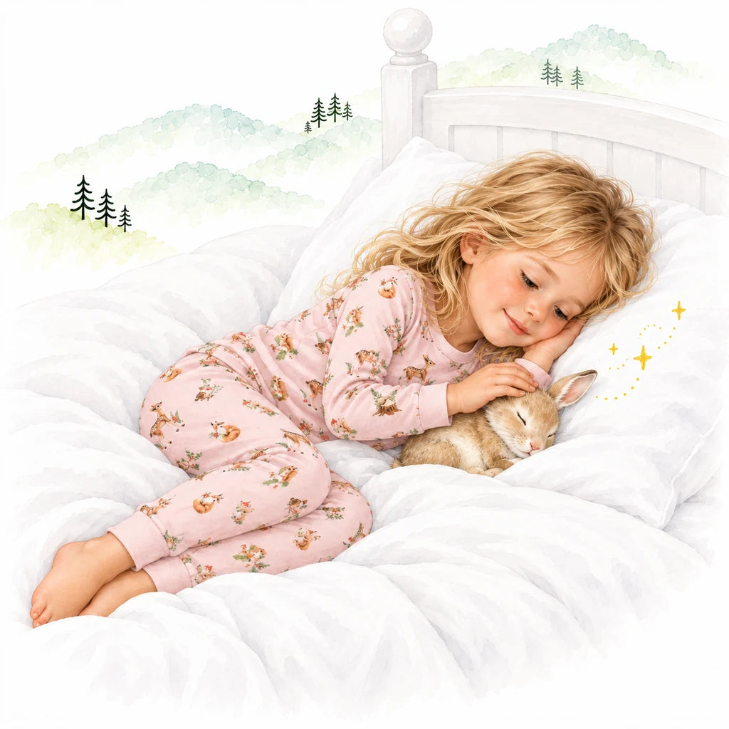 Mädchen im rosa Schlafanzug mit Waldtier-Muster liegt im Bett und streichelt ein schlafendes Kaninchen